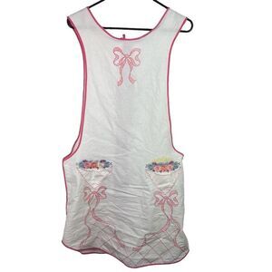 Vintage Embroidered Pinafore Apron Floral Bow White Pink Pockets OS